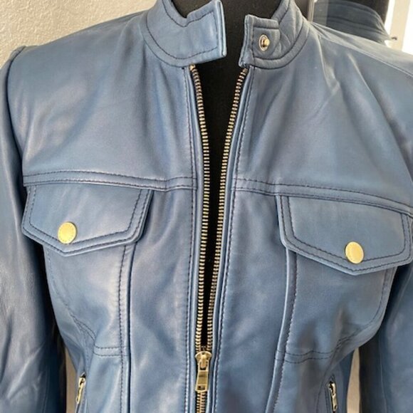 COLE HAAN 100% Leather Indigo Blue Moto Jacket Coat Small - Picture 4 of 12